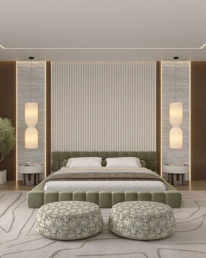 Créme aurora fabric wall panel in bedroom