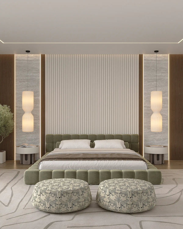 Créme aurora fabric wall panel in bedroom