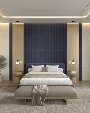 Navy aurora fabric wall panel in bedroom
