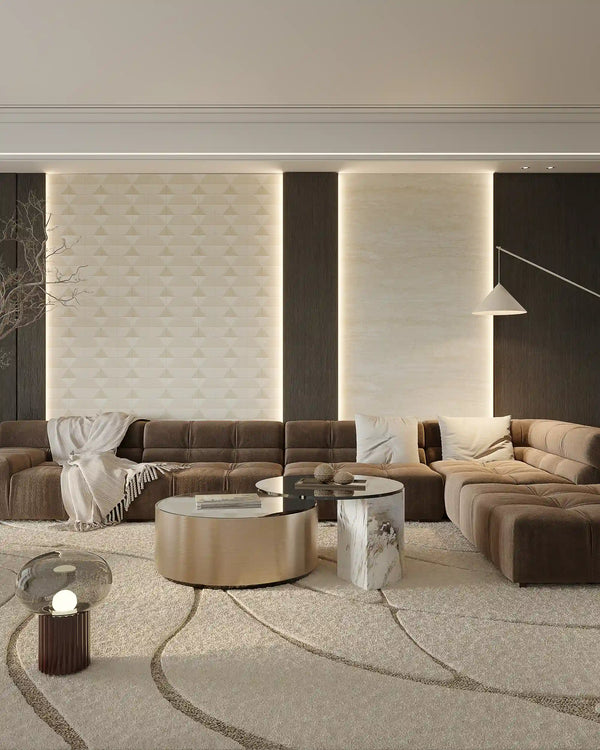 Rose champagne prism fabric wall panel in living room