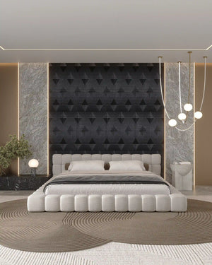 Ink prism fabric wall panel in bedroom