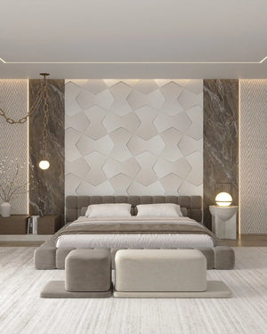 Créme belair fabric mosaic wall panel in bedroom