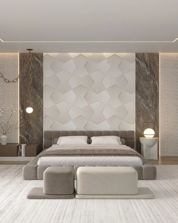 Créme belair fabric mosaic wall panel in bedroom