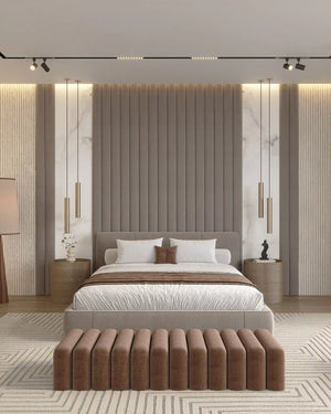 Taupe castle fabric wall panel in bedroom
