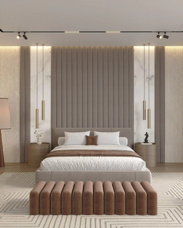 Taupe castle fabric wall panel in bedroom