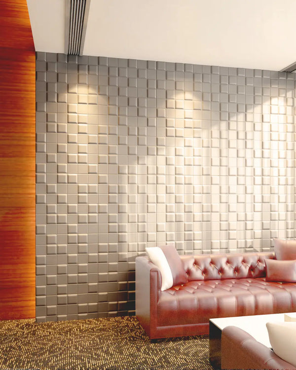 Greige chanel fabric wall panel in living room