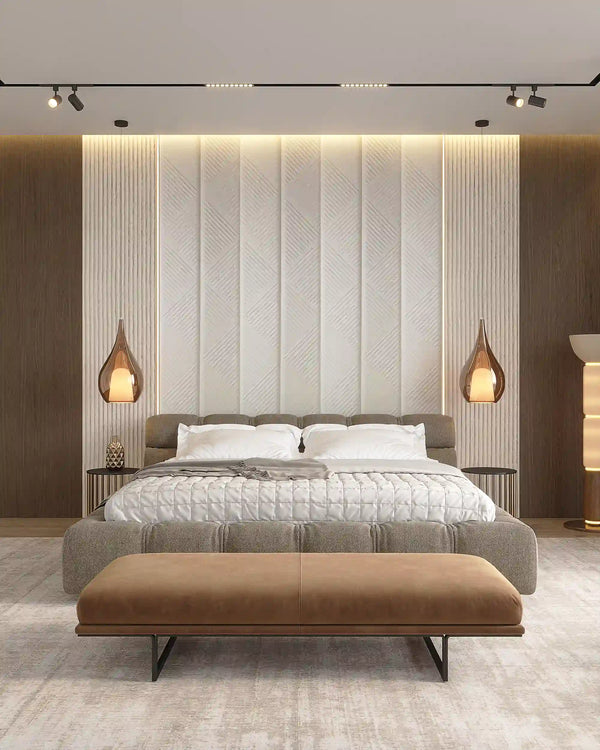 Vanilla datura fabric wall panel in bedroom
