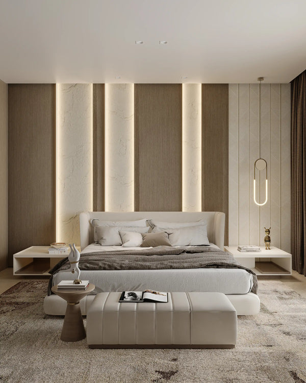 Beige desert stone wall panel in bedroom