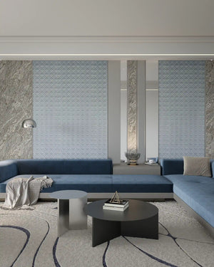 Baby blue dior fabric wall panel in living room