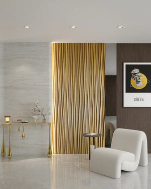 Gold contour fabric wall panel in lobby