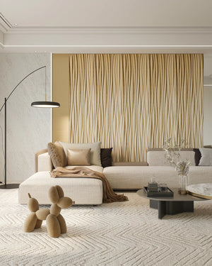 Light gold contour fabric wall panel in living room