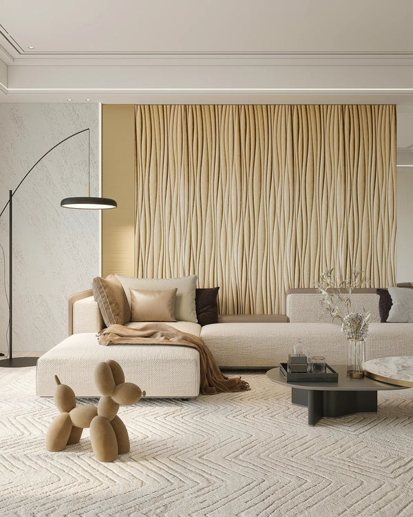 Light gold contour fabric wall panel in living room