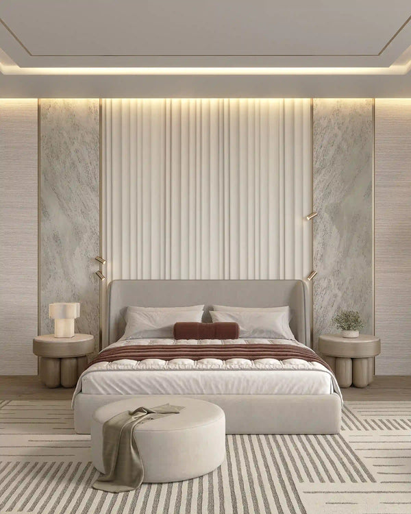 Créme domingo fabric wall panel in bedroom