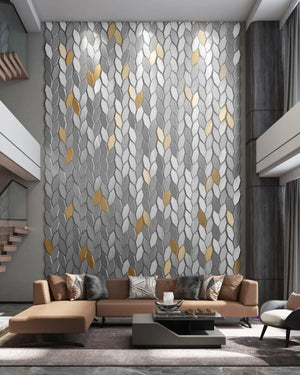 Silk silver epic fabric mosaic wall panel in a living room