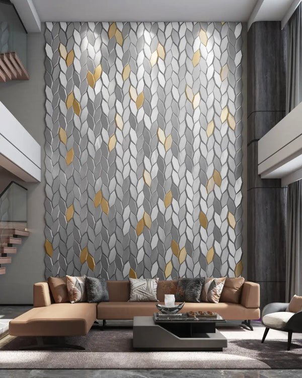 Silk silver epic fabric mosaic wall panel in a living room