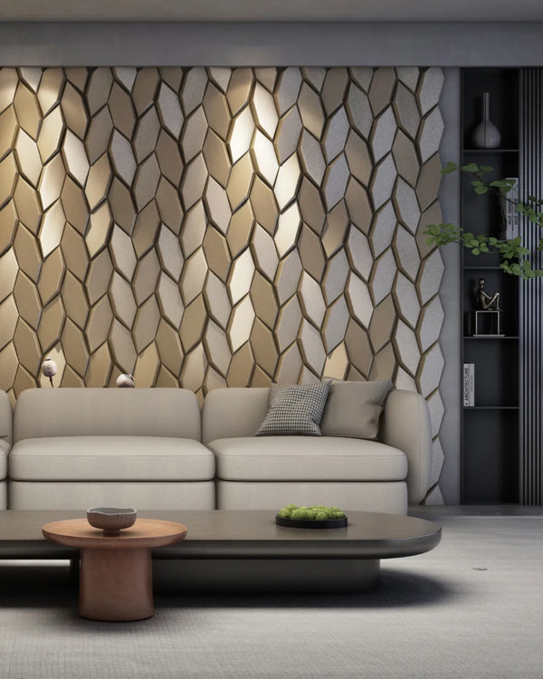 Silk gold epic fabric mosaic wall panel in a living room