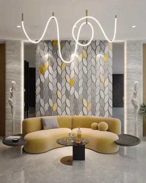 Silk silver epic fabric mosaic wall panel in a living room