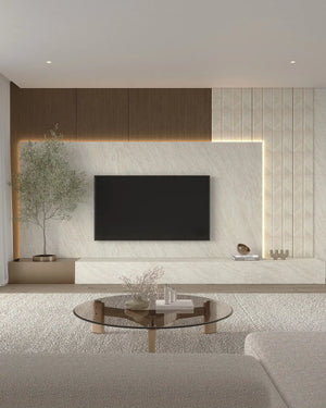 Off white GBR travertine flexible stone wall panel in living room