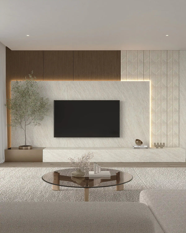 Off white GBR travertine flexible stone wall panel in living room