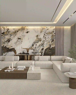 Golden mirage gloss finish marble bamboo wall panel in a living room