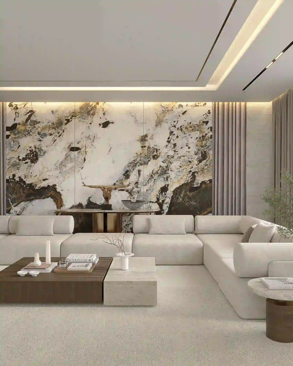 Golden mirage gloss finish marble bamboo wall panel in a living room