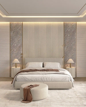 Greige harvest fabric wall panel in bedroom