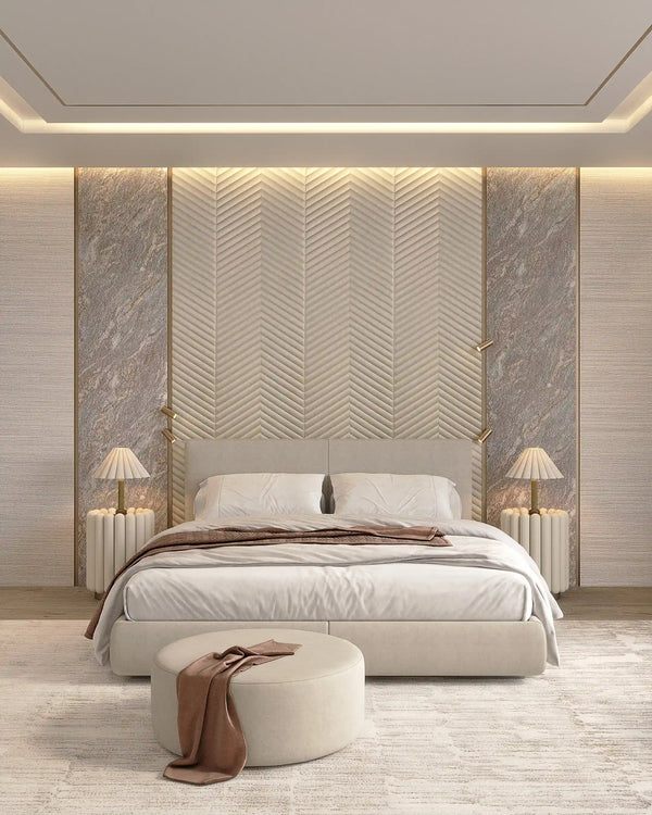 Greige harvest fabric wall panel in bedroom