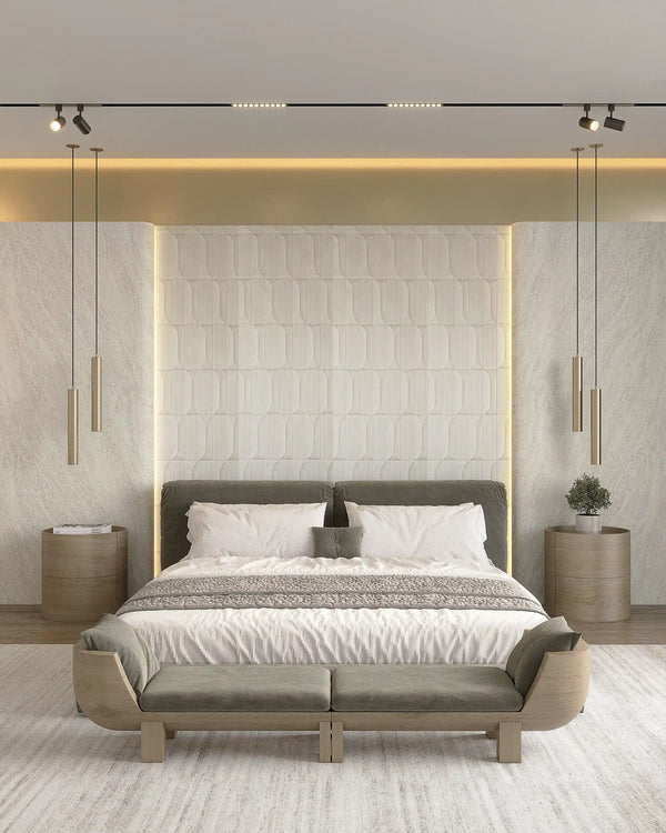 Créme maison fabric wall panel in bedroom