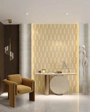 Soft gold maison fabric wall panel in lobby