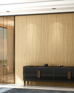 Light gold contour fabric wall panel in lobby