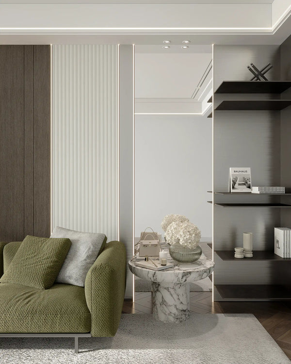 Matte black LED profile accent trim in living room