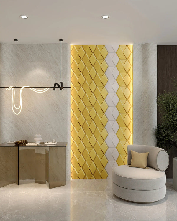 Gold lorenzo fabric mosaic wall panel in living room