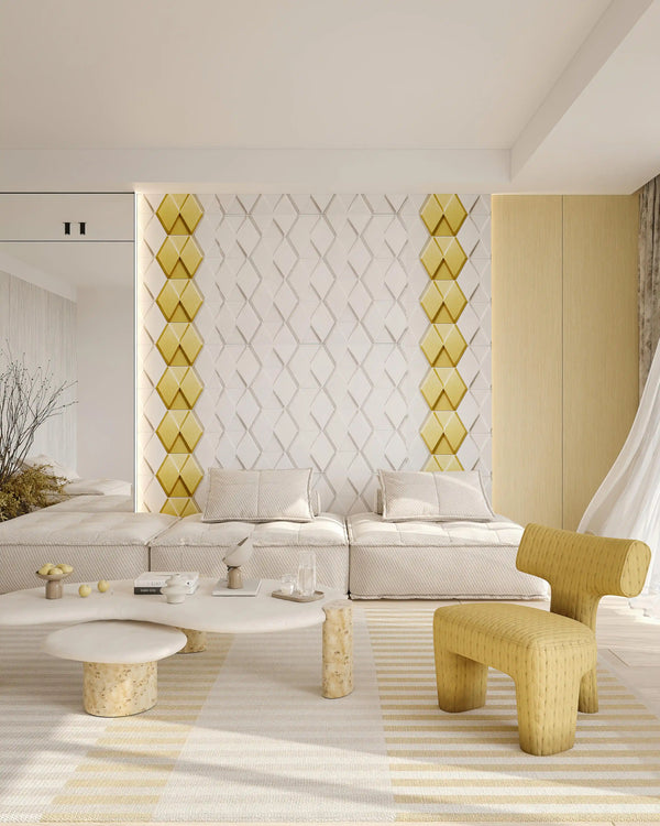 Vanilla lorenzo fabric mosaic wall panel in living room