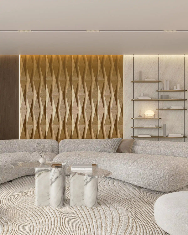 Gold eclipse fabric wall panel in living room