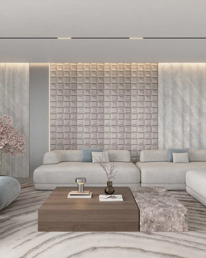 Taupe lusso fabric wall panel in living room