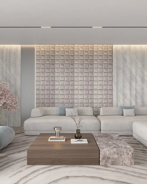 Taupe lusso fabric wall panel in living room