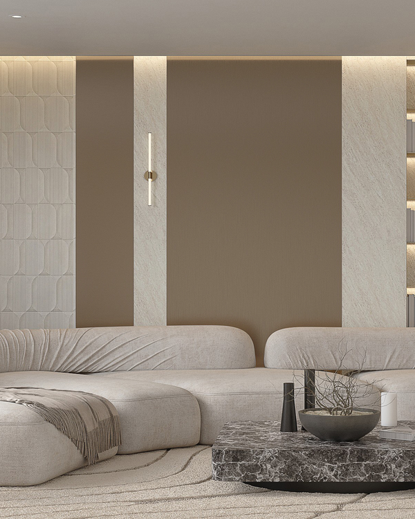 Metallic brushed gold bamboo wall panel in living room