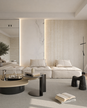 Yellow milan travertine wall panel in living room