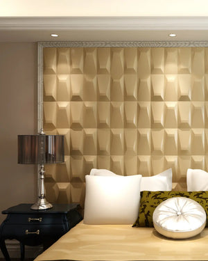 Gold icon fabric wall panel in bedroom