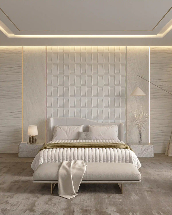 Vanilla icon fabric wall panel in bedroom