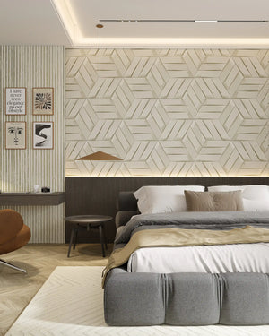 Greige optima fabric mosaic wall panel in bedroom