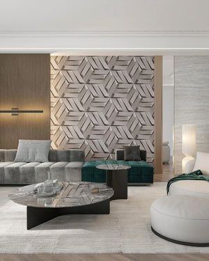 Taupe optima fabric mosaic wall panel in living room