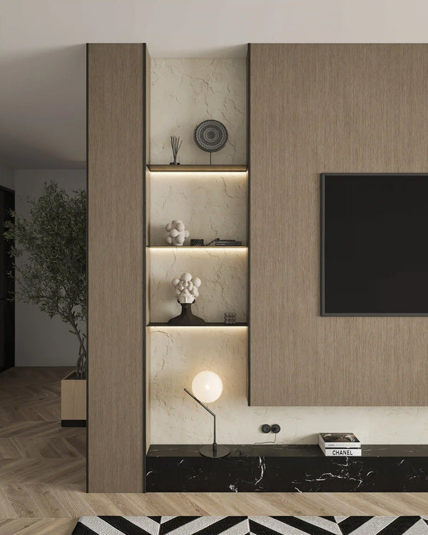 Matte black outer corner trim in living room