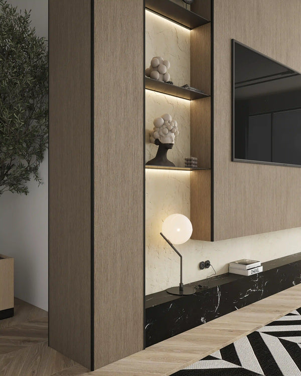 Matte black outer corner trim in living room