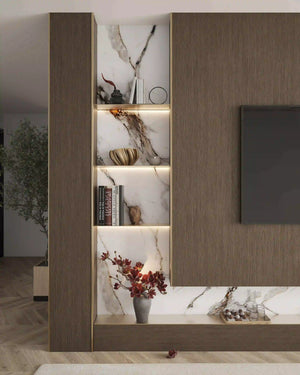 Brushed bronze outer corner trim in a tv panel