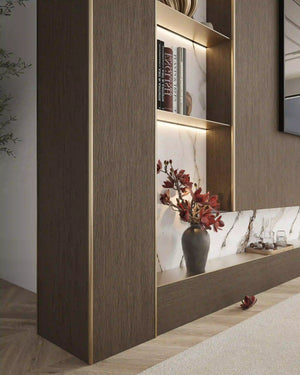 Brushed bronze outer corner trim in a tv panel