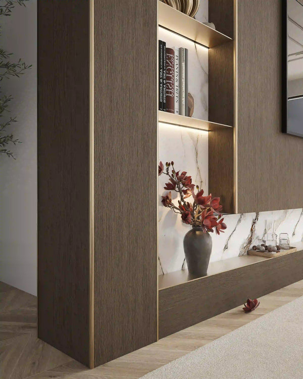 Brushed bronze outer corner trim in a tv panel