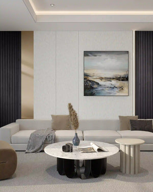 White ridged flexible stone wall panel in living room