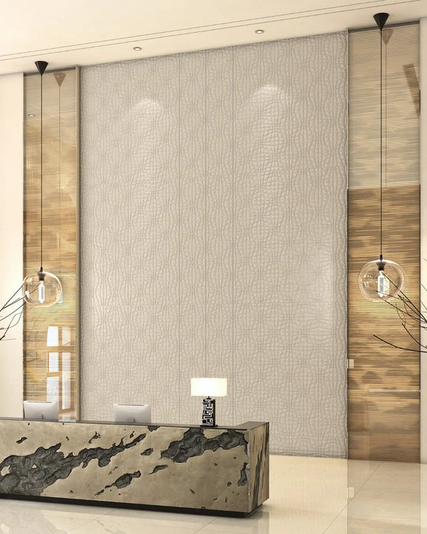 Créme space fabric wall panel in reception