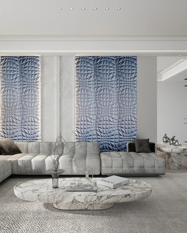 Navy space fabric wall panel in living room